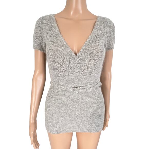 Angora Blend Knit Sweater Sparkle V Neck Belted Bodycon M Preppy Old Money Gray - Picture 2 of 8